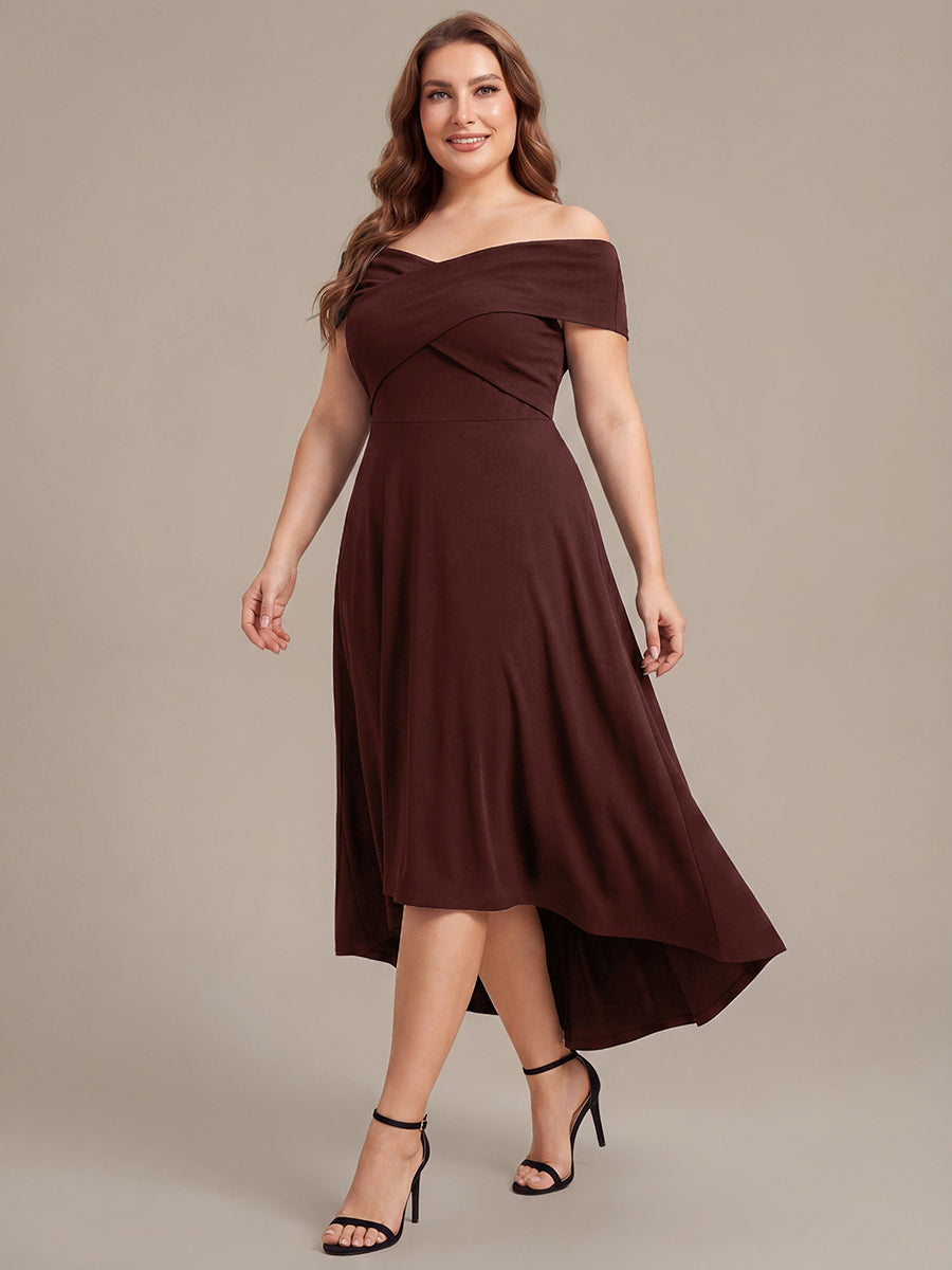 Color=Chocolate Brown | Wholesale Pricing Off-the-Shoulder Sleeveless High Stretch A-Line V-Neck Wedding Guest Dresses-Chocolate Brown 19