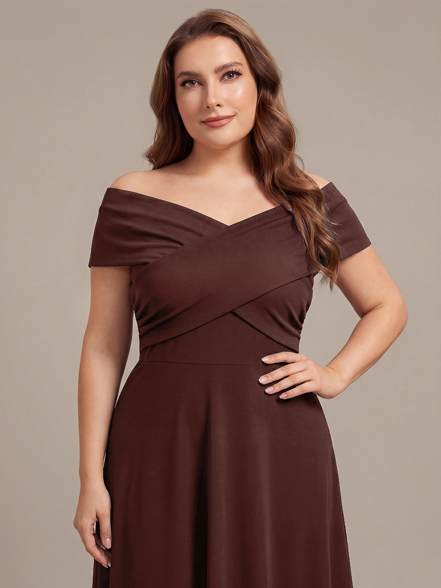 Color=Chocolate Brown | Wholesale Pricing Off-the-Shoulder Sleeveless High Stretch A-Line V-Neck Wedding Guest Dresses-Chocolate Brown 18