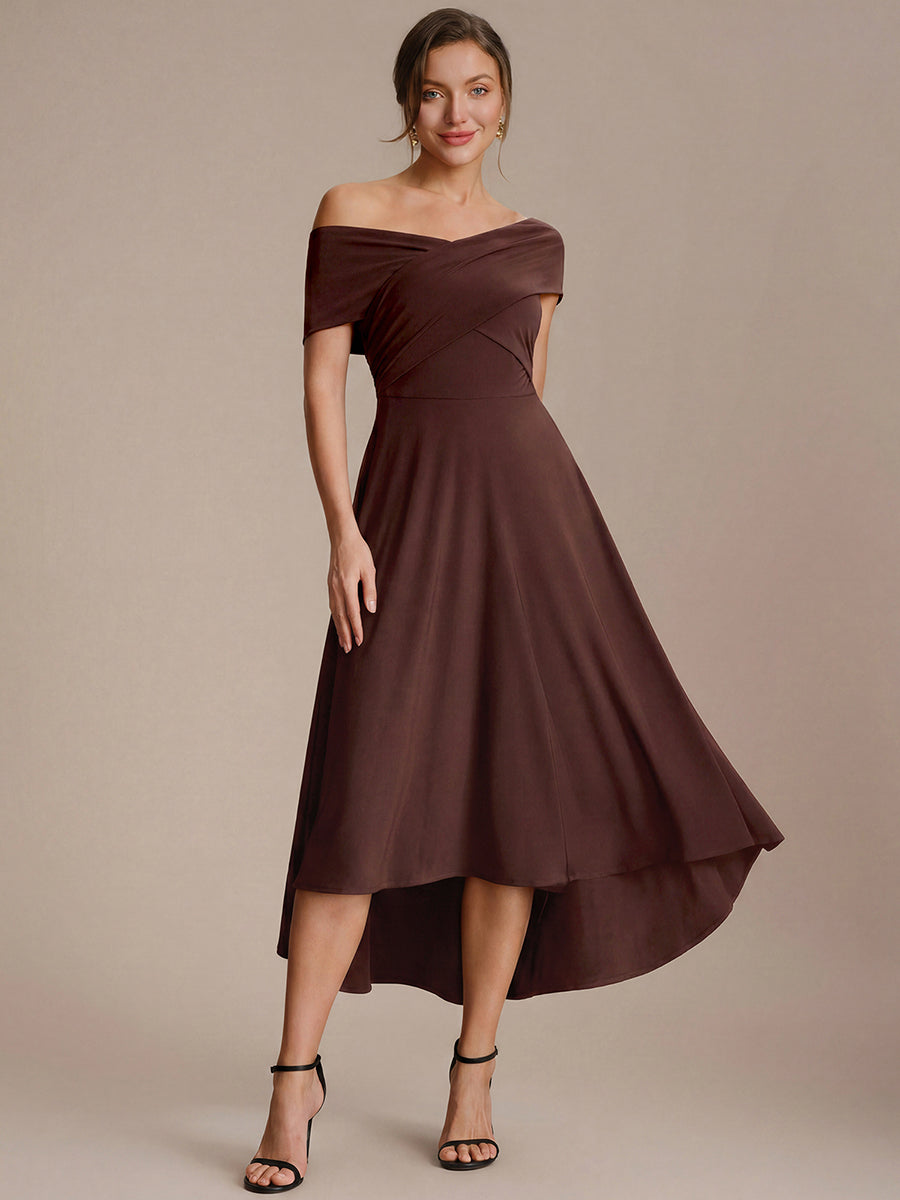 Color=Chocolate Brown | Wholesale Pricing Off-the-Shoulder Sleeveless High Stretch A-Line V-Neck Wedding Guest Dresses-Chocolate Brown 11