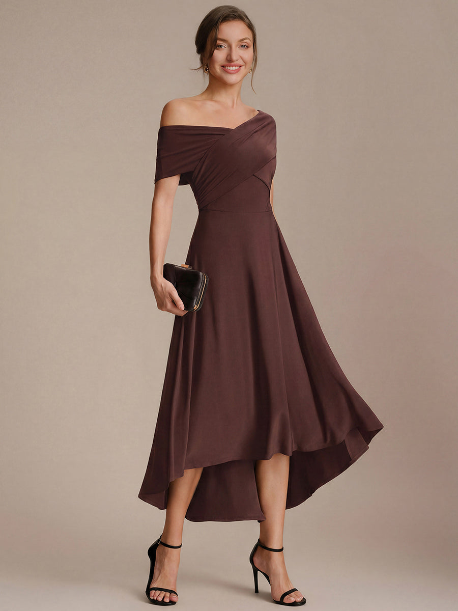 Color=Chocolate Brown | Wholesale Pricing Off-the-Shoulder Sleeveless High Stretch A-Line V-Neck Wedding Guest Dresses-Chocolate Brown 14