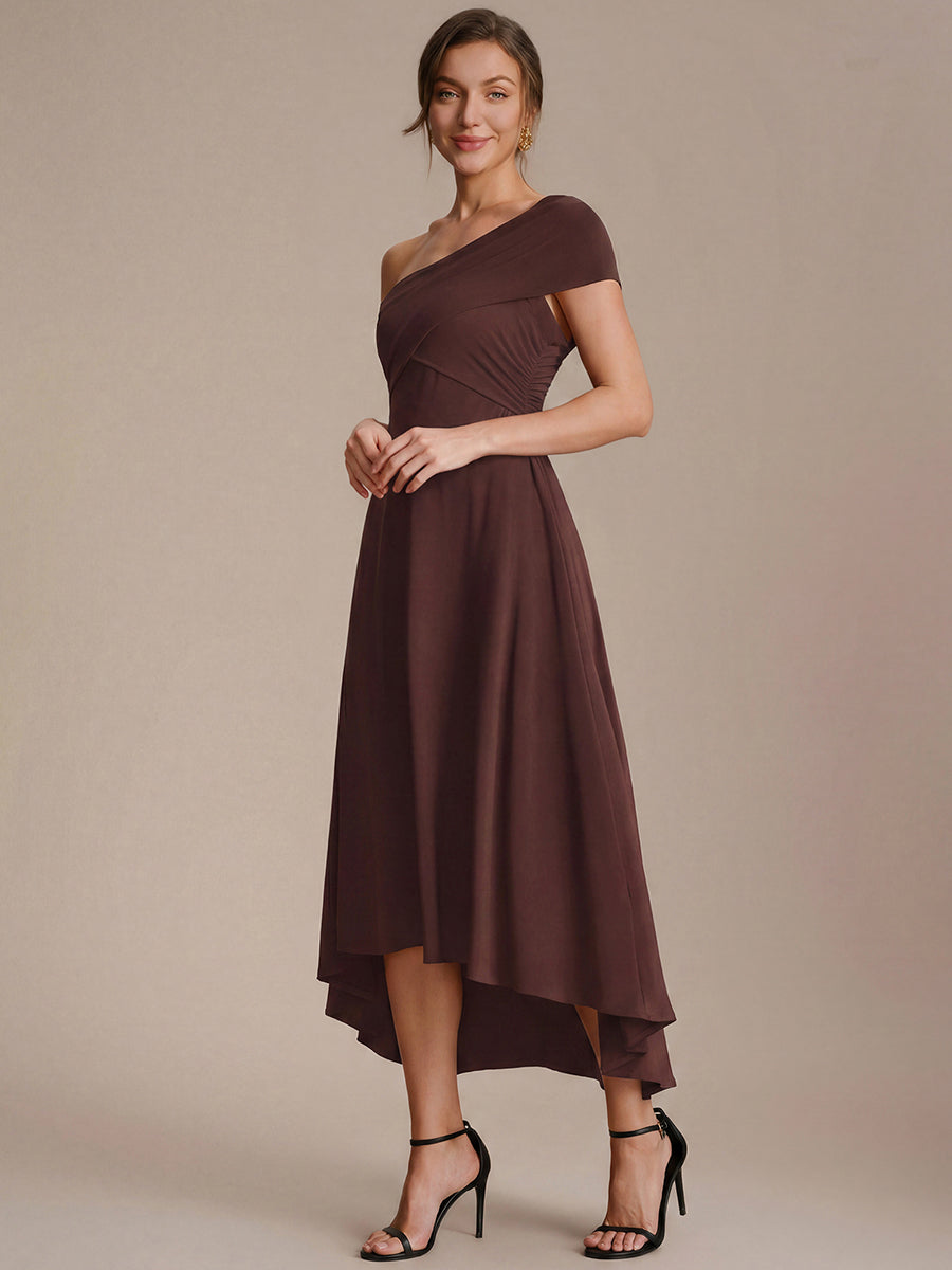 Color=Chocolate Brown | Wholesale Pricing Off-the-Shoulder Sleeveless High Stretch A-Line V-Neck Wedding Guest Dresses-Chocolate Brown 15