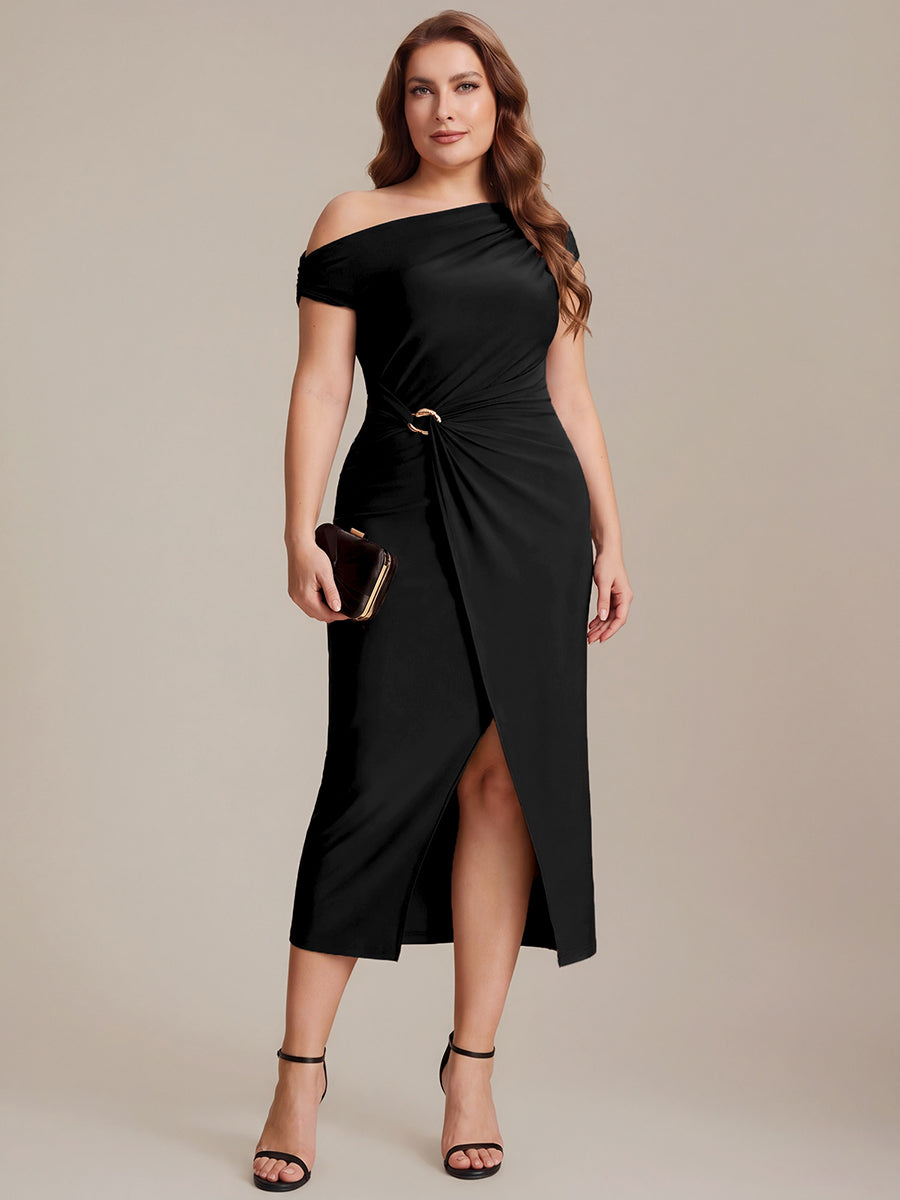 Color=Black | One Stop Shop Short Sleeves Off Shoulder Bodycon High Stretch Midi Wedding Guest Dresses-Black 6