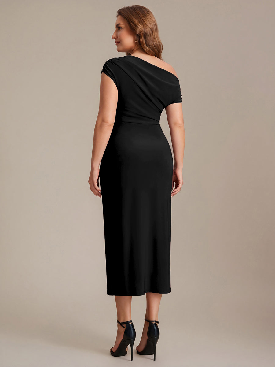 Color=Black | One Stop Shop Short Sleeves Off Shoulder Bodycon High Stretch Midi Wedding Guest Dresses-Black 7