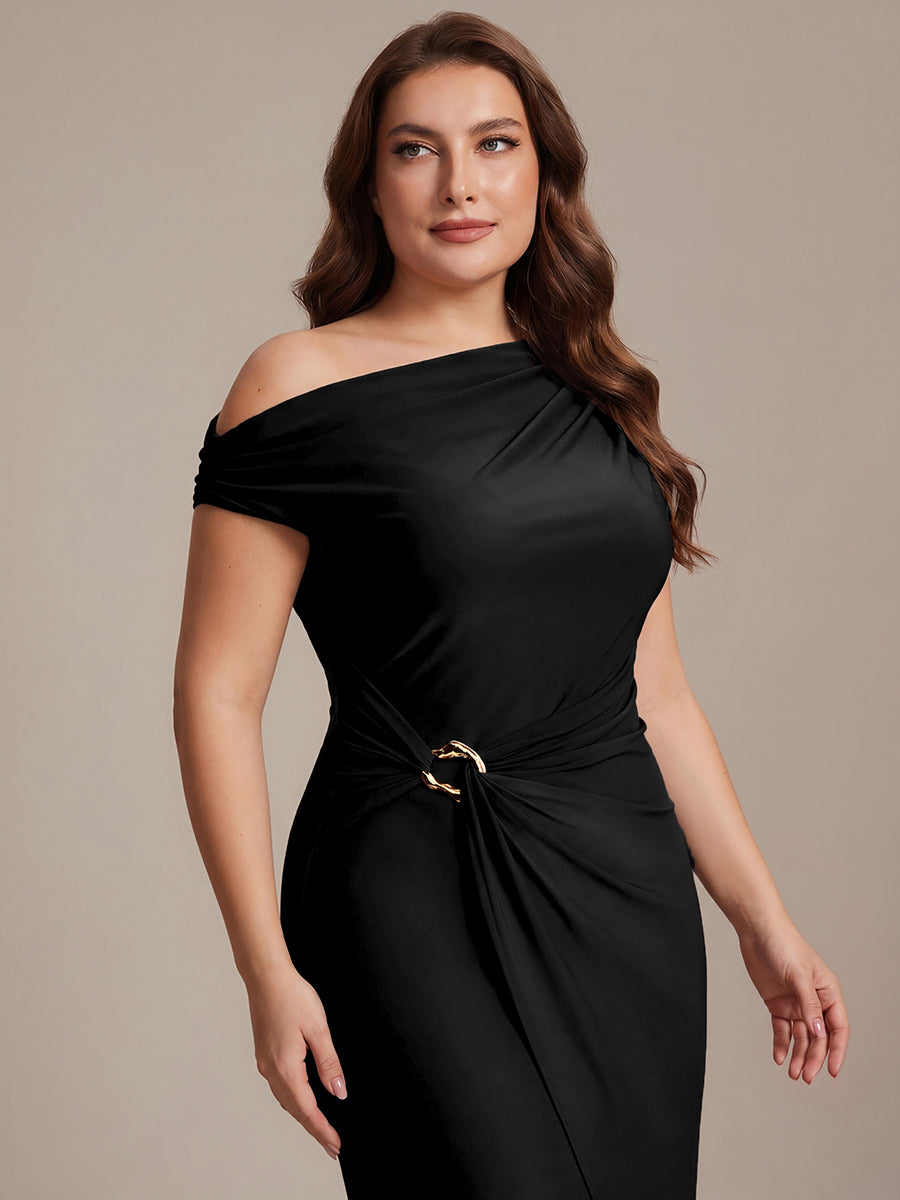 Color=Black | One Stop Shop Short Sleeves Off Shoulder Bodycon High Stretch Midi Wedding Guest Dresses-Black 8