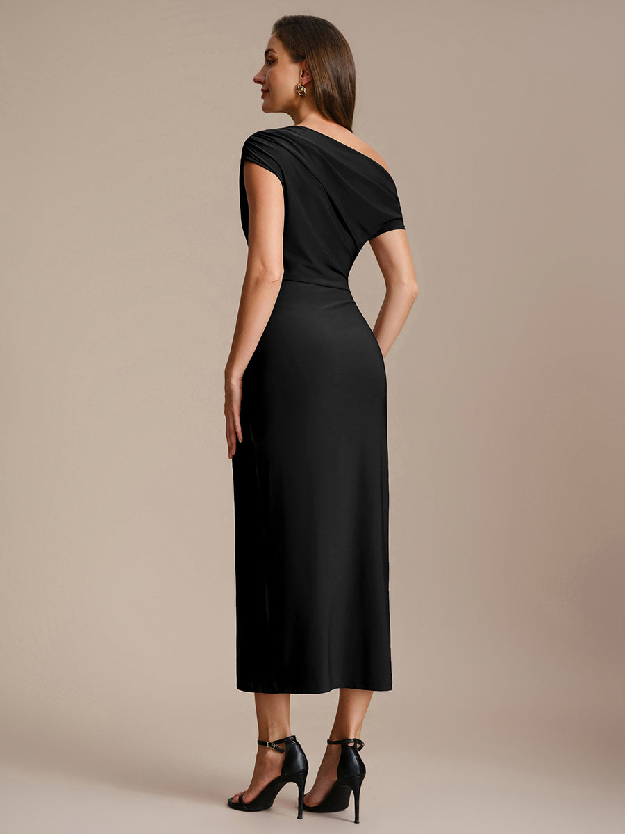 Color=Black | One Stop Shop Short Sleeves Off Shoulder Bodycon High Stretch Midi Wedding Guest Dresses-Black 2