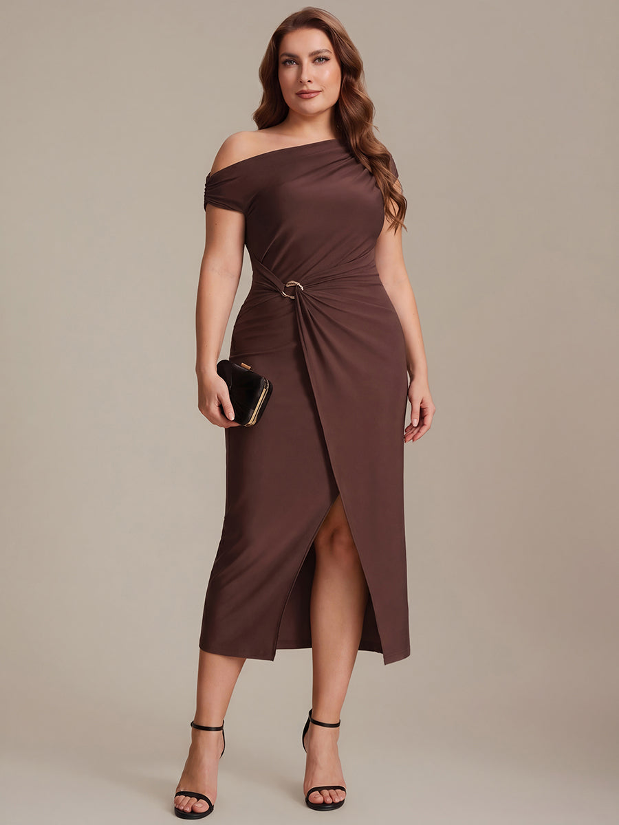 Color=Chocolate Brown | One Stop Shop Short Sleeves Off Shoulder Bodycon High Stretch Midi Wedding Guest Dresses-Chocolate Brown 16