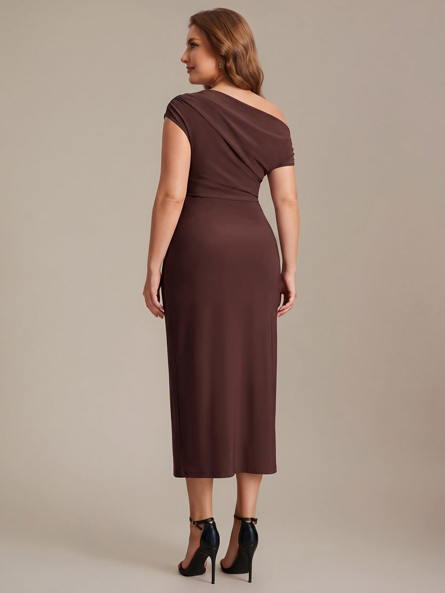 Color=Chocolate Brown | One Stop Shop Short Sleeves Off Shoulder Bodycon High Stretch Midi Wedding Guest Dresses-Chocolate Brown 17