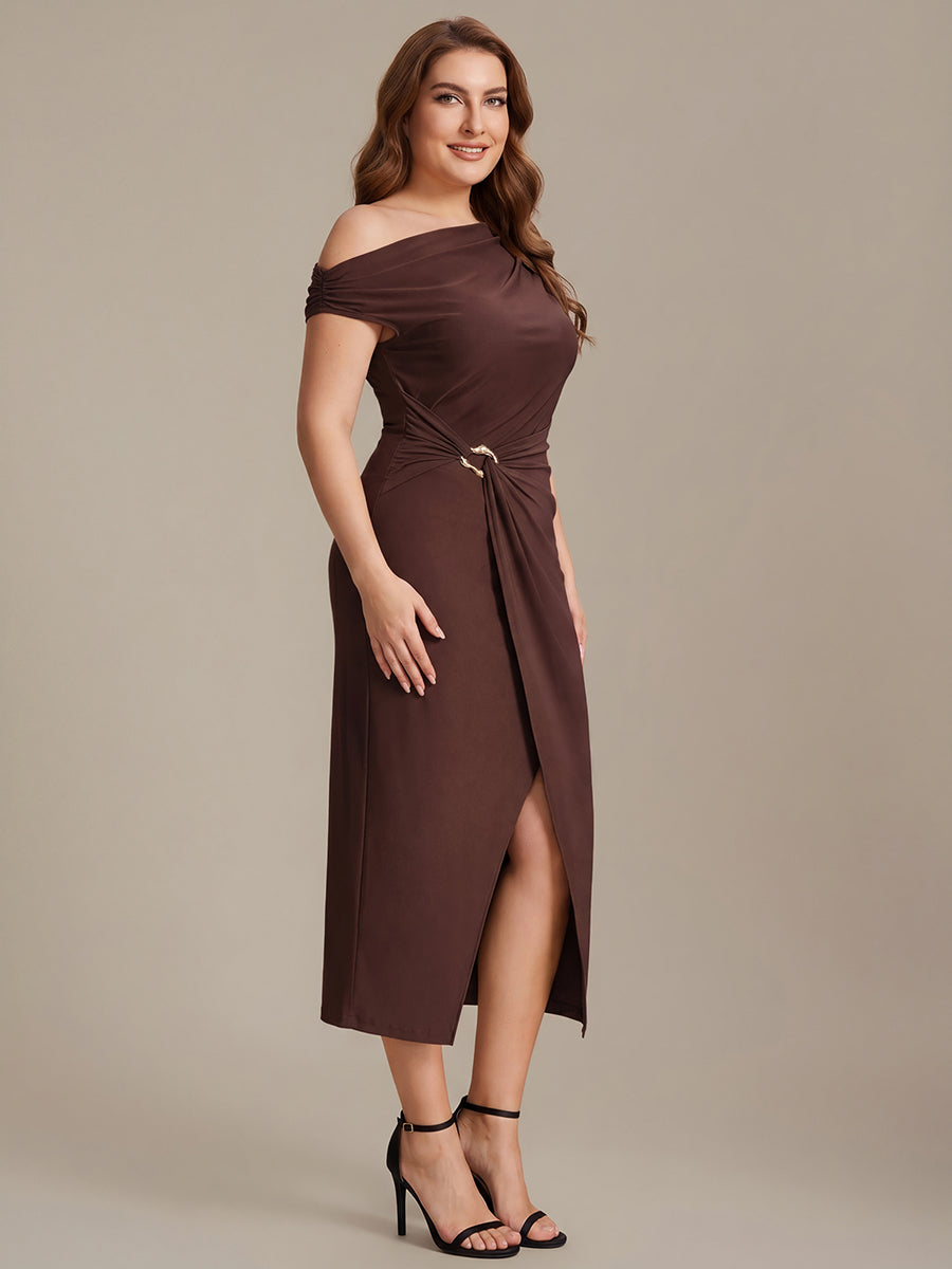Color=Chocolate Brown | One Stop Shop Short Sleeves Off Shoulder Bodycon High Stretch Midi Wedding Guest Dresses-Chocolate Brown 19