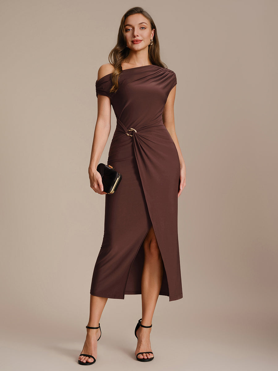 Color=Chocolate Brown | One Stop Shop Short Sleeves Off Shoulder Bodycon High Stretch Midi Wedding Guest Dresses-Chocolate Brown 11