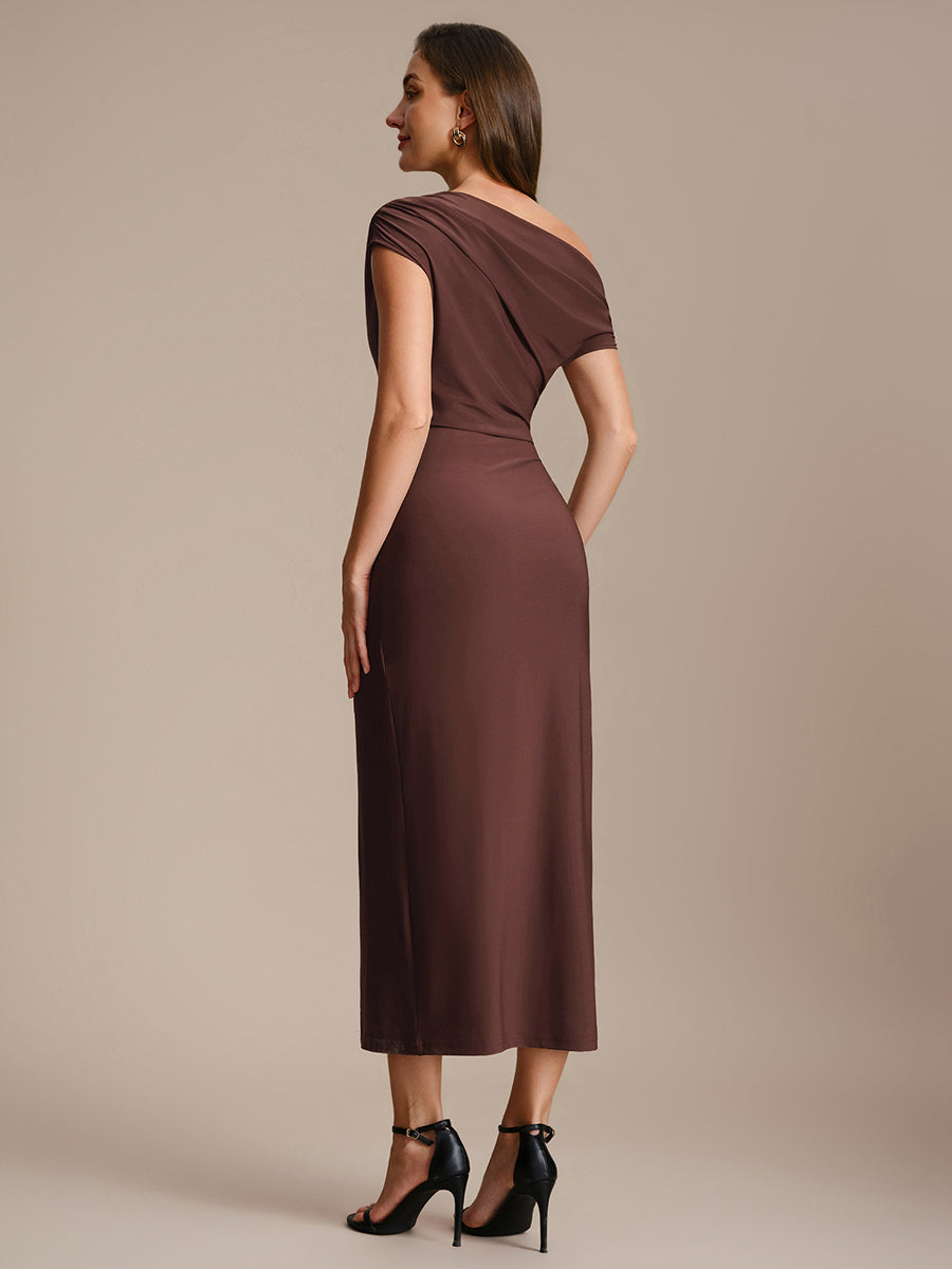 Color=Chocolate Brown | One Stop Shop Short Sleeves Off Shoulder Bodycon High Stretch Midi Wedding Guest Dresses-Chocolate Brown 12