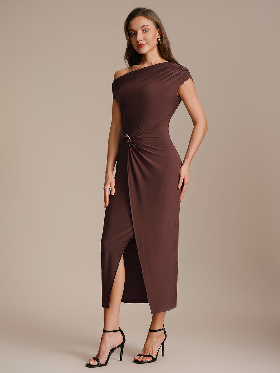 Color=Chocolate Brown | One Stop Shop Short Sleeves Off Shoulder Bodycon High Stretch Midi Wedding Guest Dresses-Chocolate Brown 15