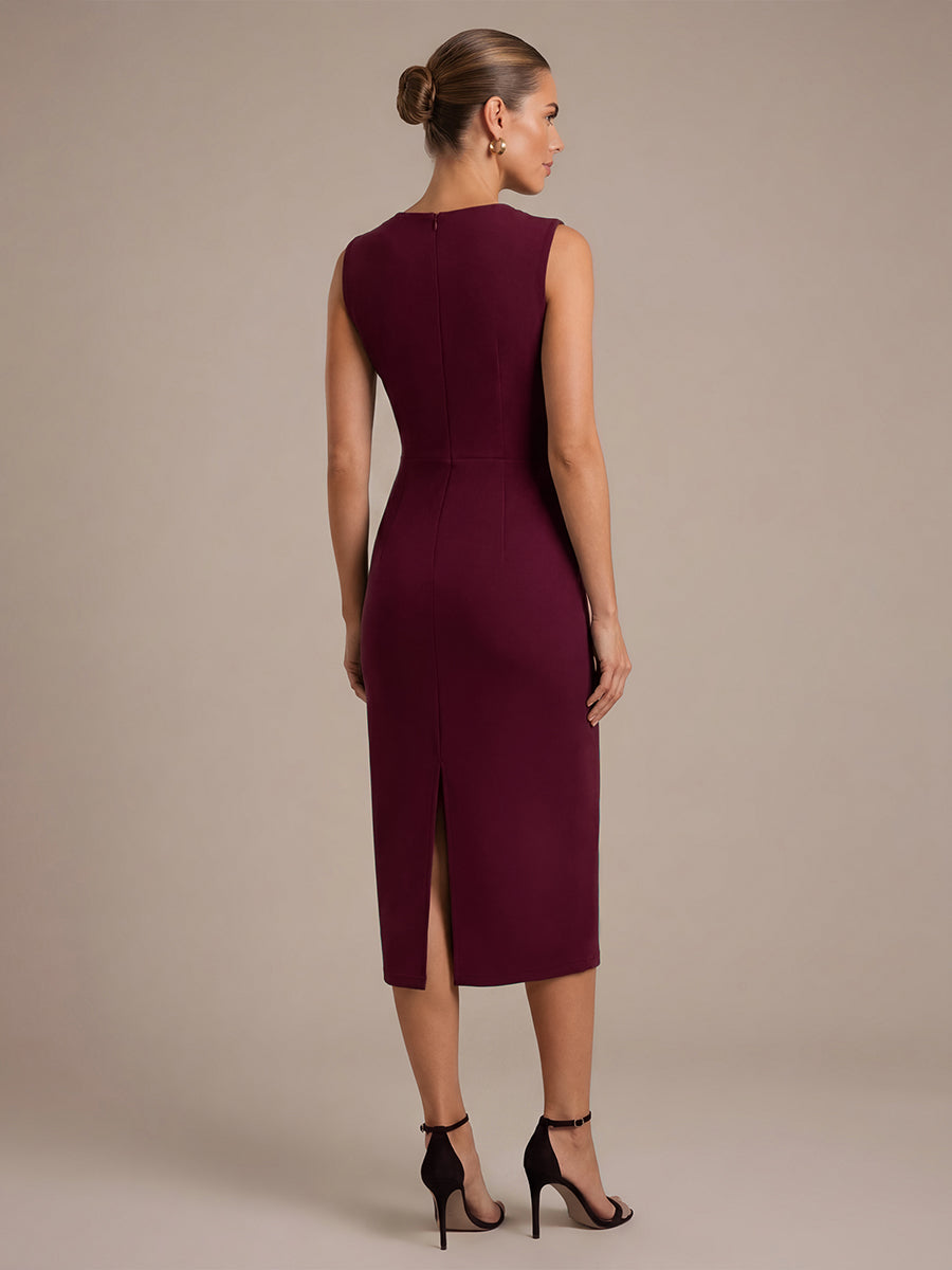 Color=Burgundy | Asymmetric Neckline Crepe Midi Wedding Guest Dresses-Burgundy 2