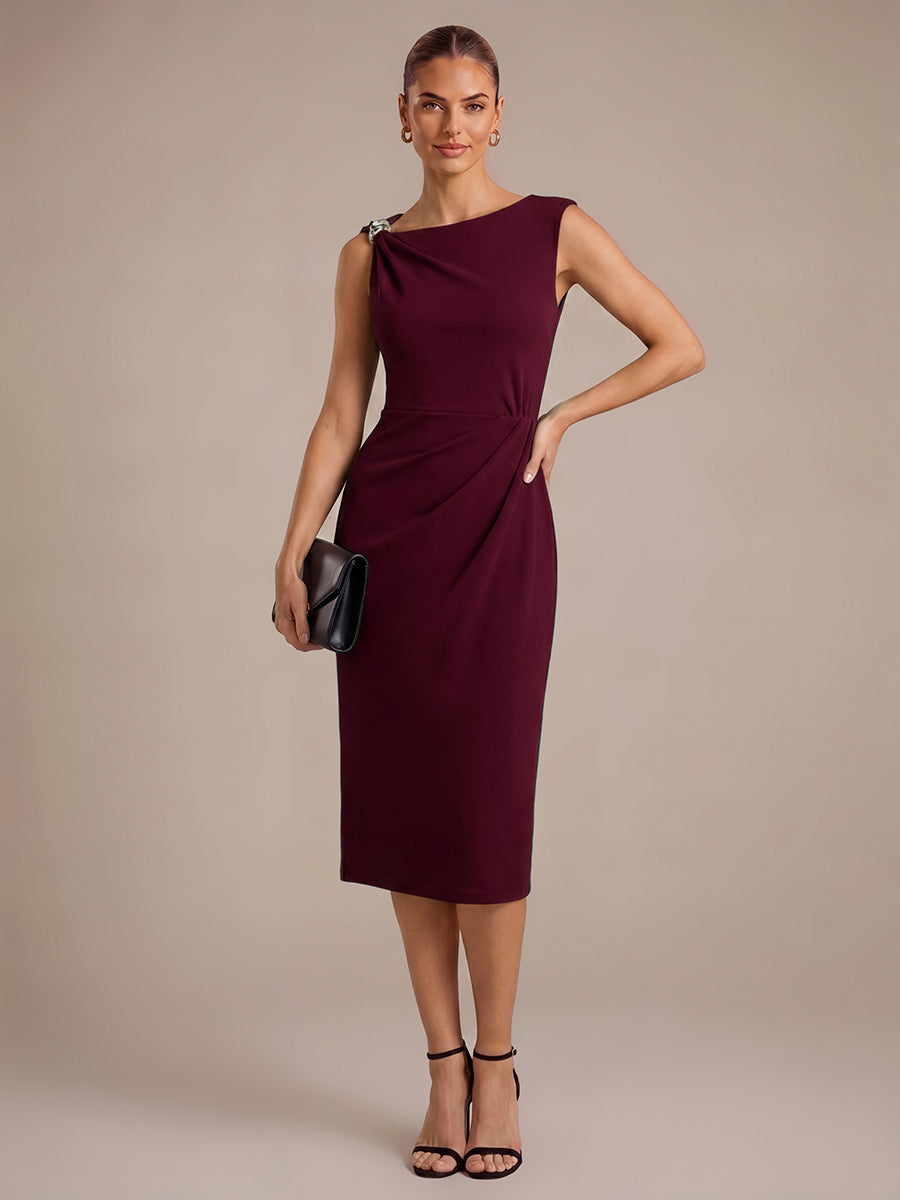 Color=Burgundy | Asymmetric Neckline Crepe Midi Wedding Guest Dresses-Burgundy 5