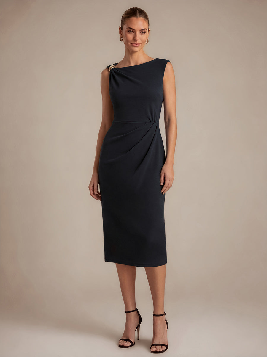Color=Black | Asymmetric Neckline Crepe Midi Wedding Guest Dresses-Black 6