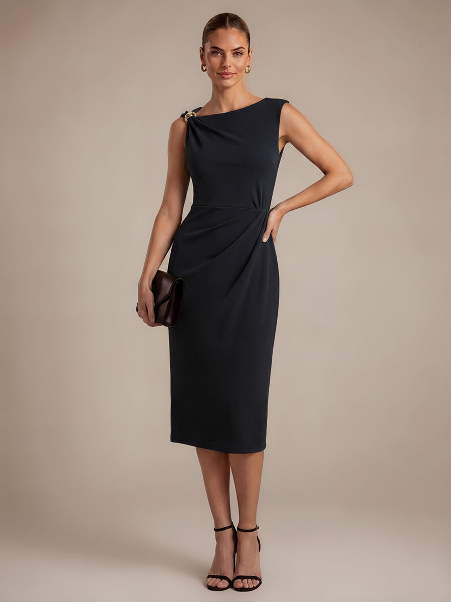Color=Black | Asymmetric Neckline Crepe Midi Wedding Guest Dresses-Black 10