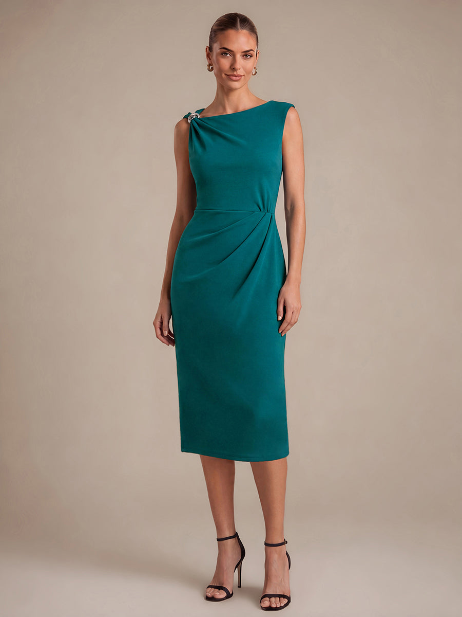 Color=Teal Blue|Asymmetric Neckline Crepe Midi Wedding Guest Dresses-Teal Blue