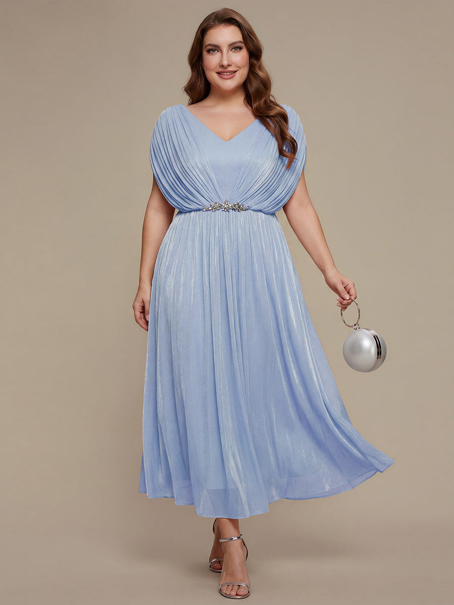 Color=Dusty Blue | Volume Discounts Short Sleeve V-Neck A-Line Tea Length Rhinestone Wedding Guest Dresses-Dusty Blue 6