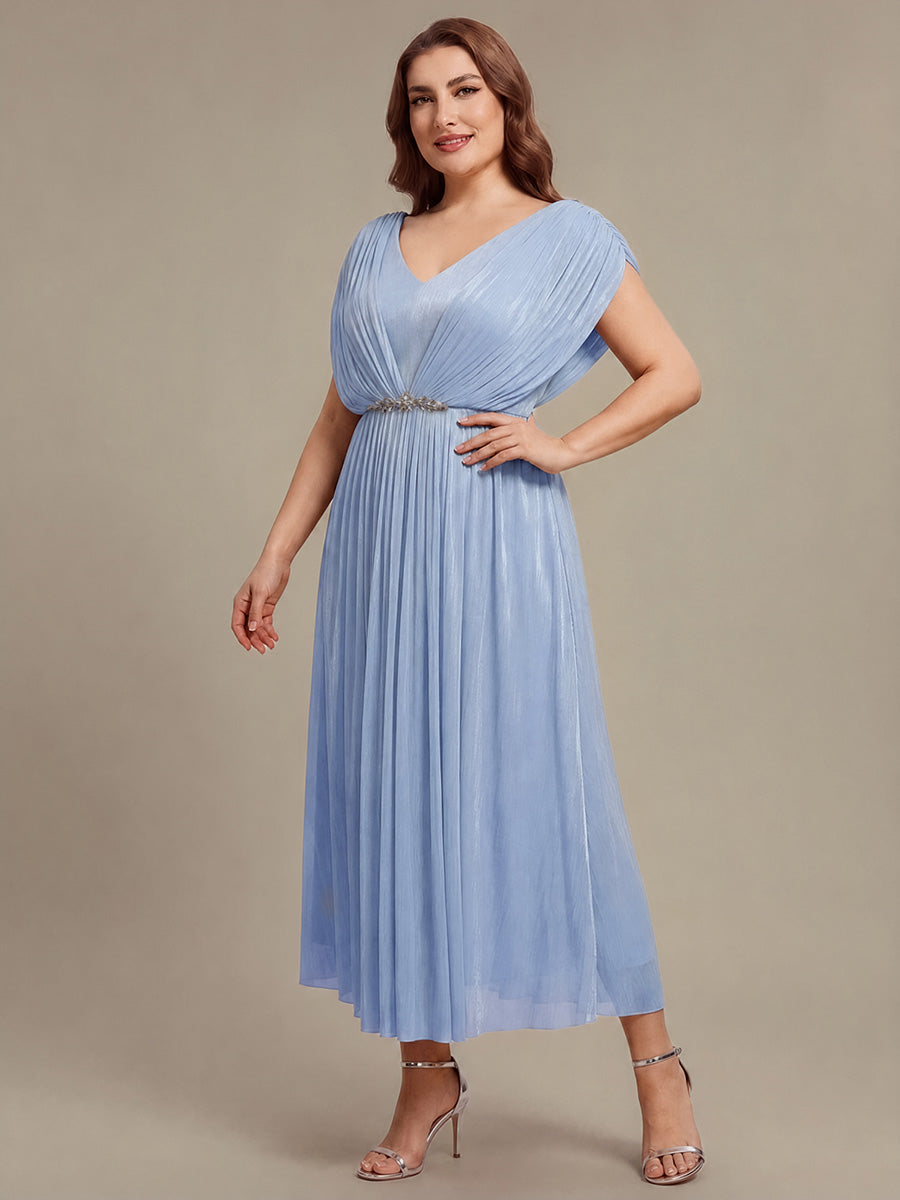 Color=Dusty Blue | Volume Discounts Short Sleeve V-Neck A-Line Tea Length Rhinestone Wedding Guest Dresses-Dusty Blue 9