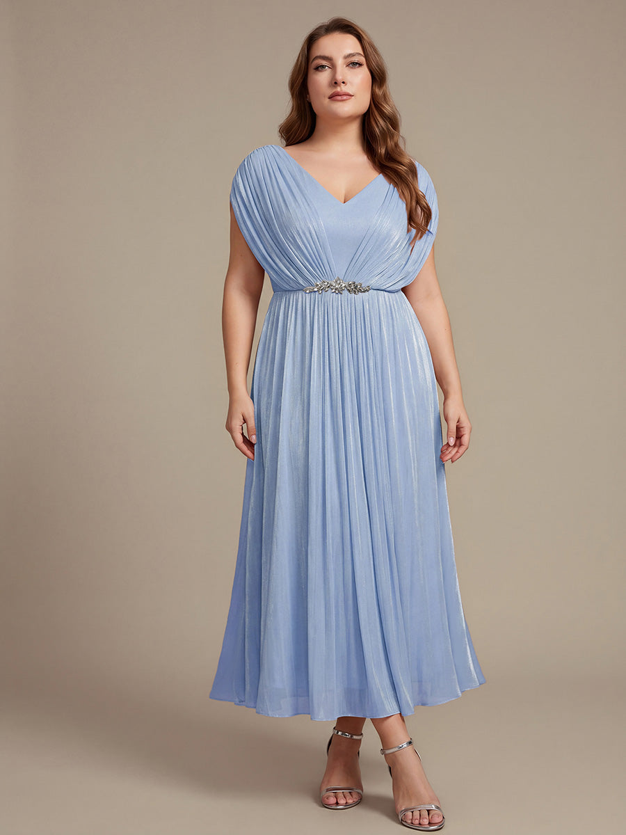 Color=Dusty Blue | Volume Discounts Short Sleeve V-Neck A-Line Tea Length Rhinestone Wedding Guest Dresses-Dusty Blue 10