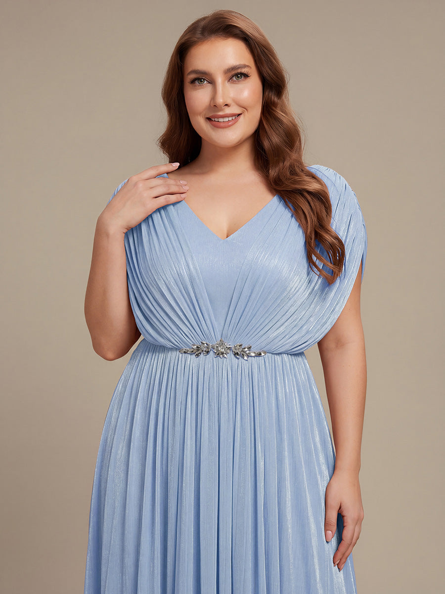 Color=Dusty Blue | Volume Discounts Short Sleeve V-Neck A-Line Tea Length Rhinestone Wedding Guest Dresses-Dusty Blue 8