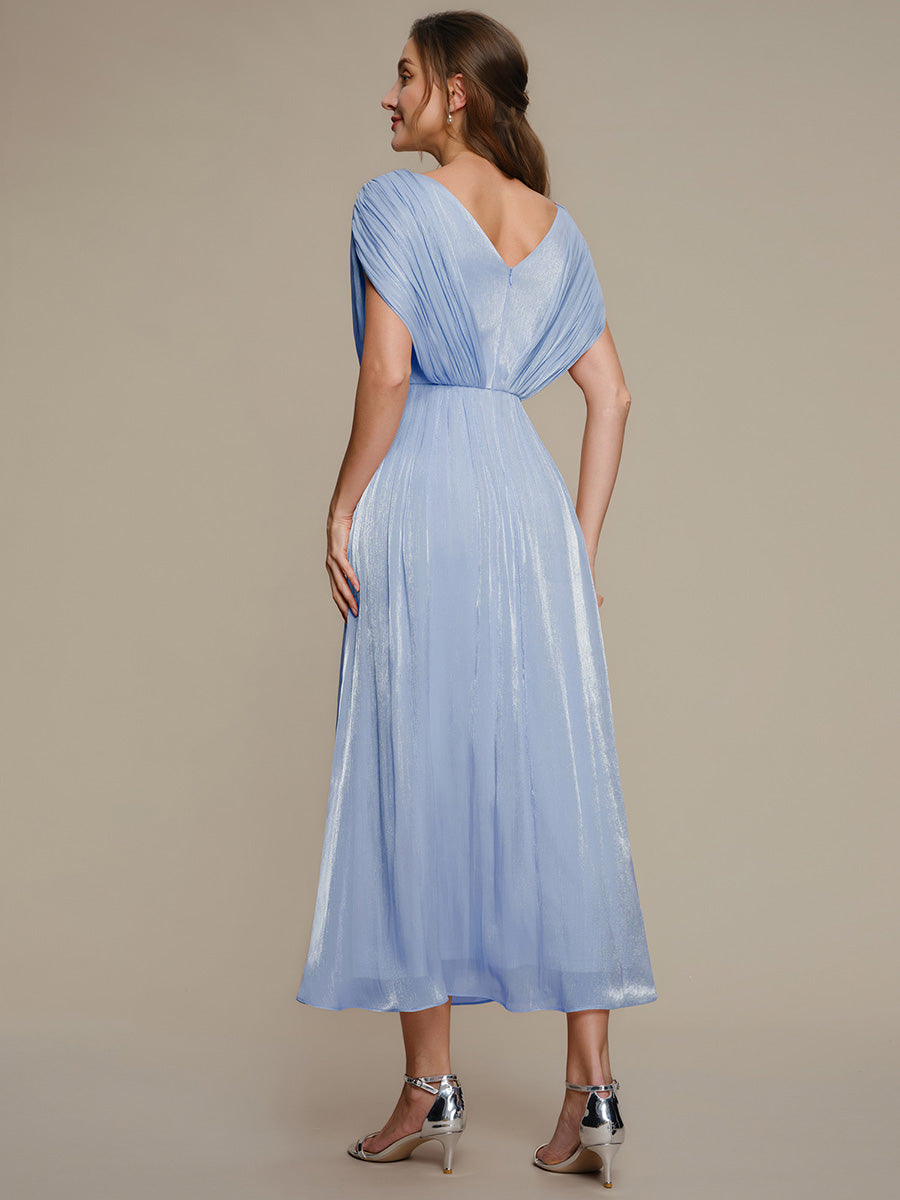 Color=Dusty Blue | Volume Discounts Short Sleeve V-Neck A-Line Tea Length Rhinestone Wedding Guest Dresses-Dusty Blue 2