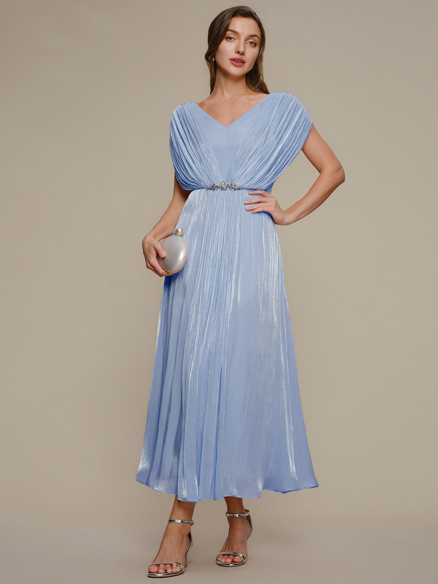Color=Dusty Blue | Volume Discounts Short Sleeve V-Neck A-Line Tea Length Rhinestone Wedding Guest Dresses-Dusty Blue 5