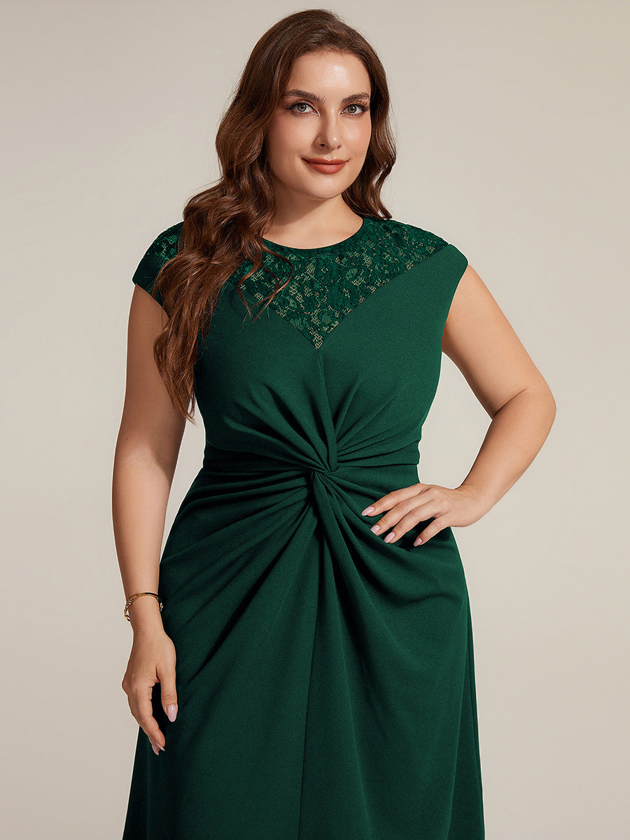 Color=Dark Green | Volume Discounts Short Sleeve High Stretch A-Line High-Low Wedding Guest Dress with Knot Detail & Sequins-Dark Green 8
