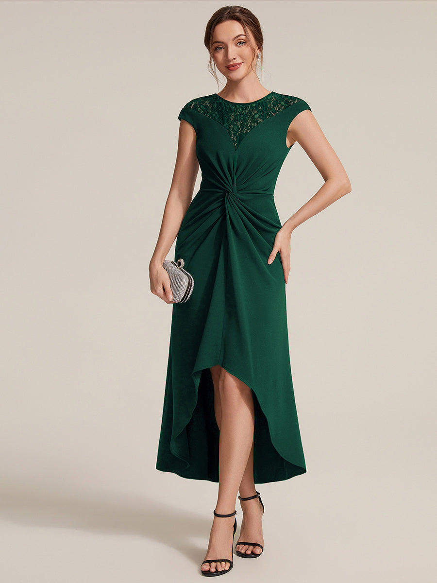 Color=Dark Green | Volume Discounts Short Sleeve High Stretch A-Line High-Low Wedding Guest Dress with Knot Detail & Sequins-Dark Green 5