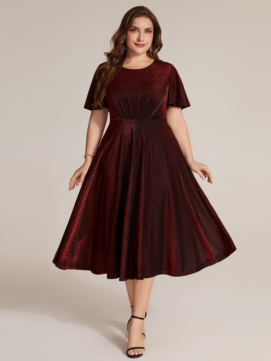 Color=Burgundy | Bulk Order Short Sleeve A-Line Midi Dress with 3D Draping | Wedding Guest Dresses-Burgundy 6
