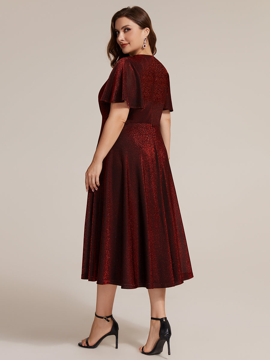 Color=Burgundy | Bulk Order Short Sleeve A-Line Midi Dress with 3D Draping | Wedding Guest Dresses-Burgundy 7