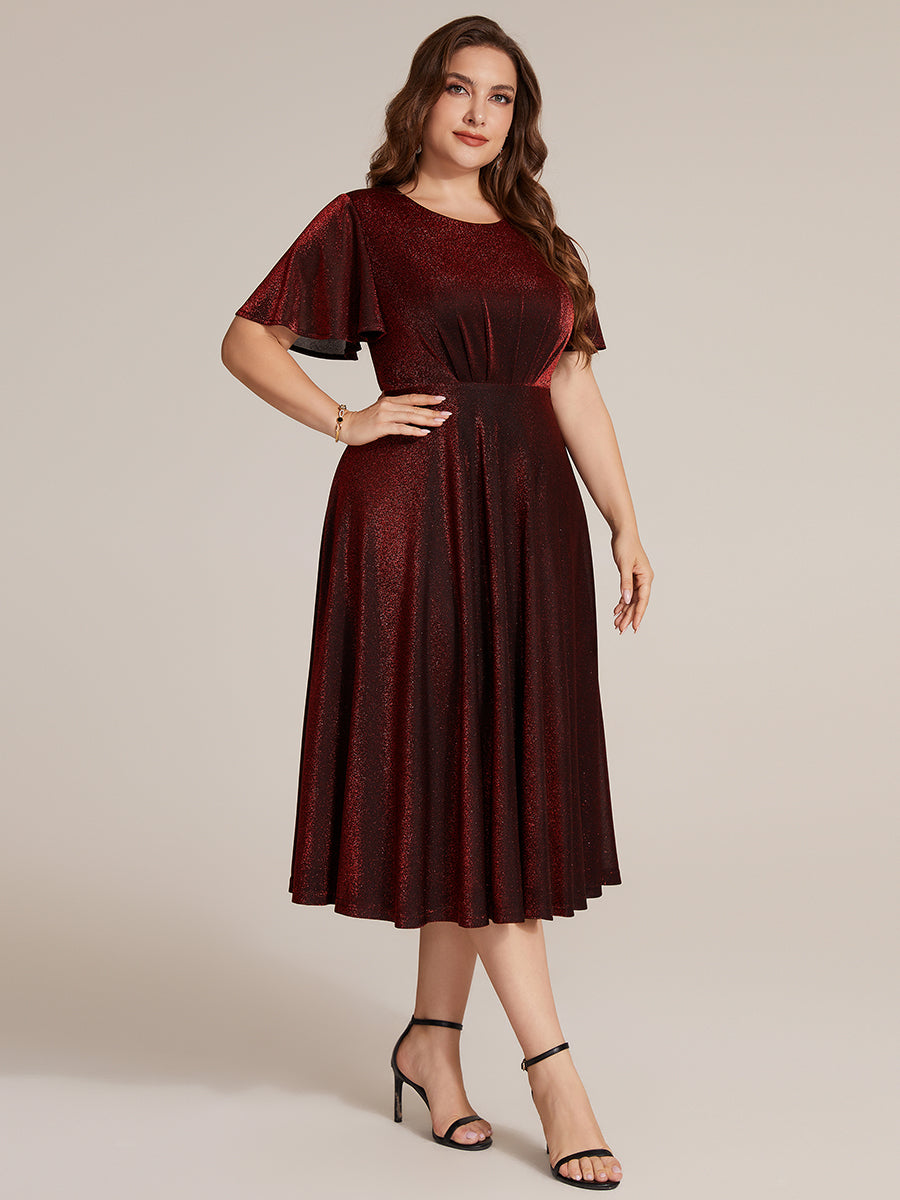 Color=Burgundy | Bulk Order Short Sleeve A-Line Midi Dress with 3D Draping | Wedding Guest Dresses-Burgundy 9