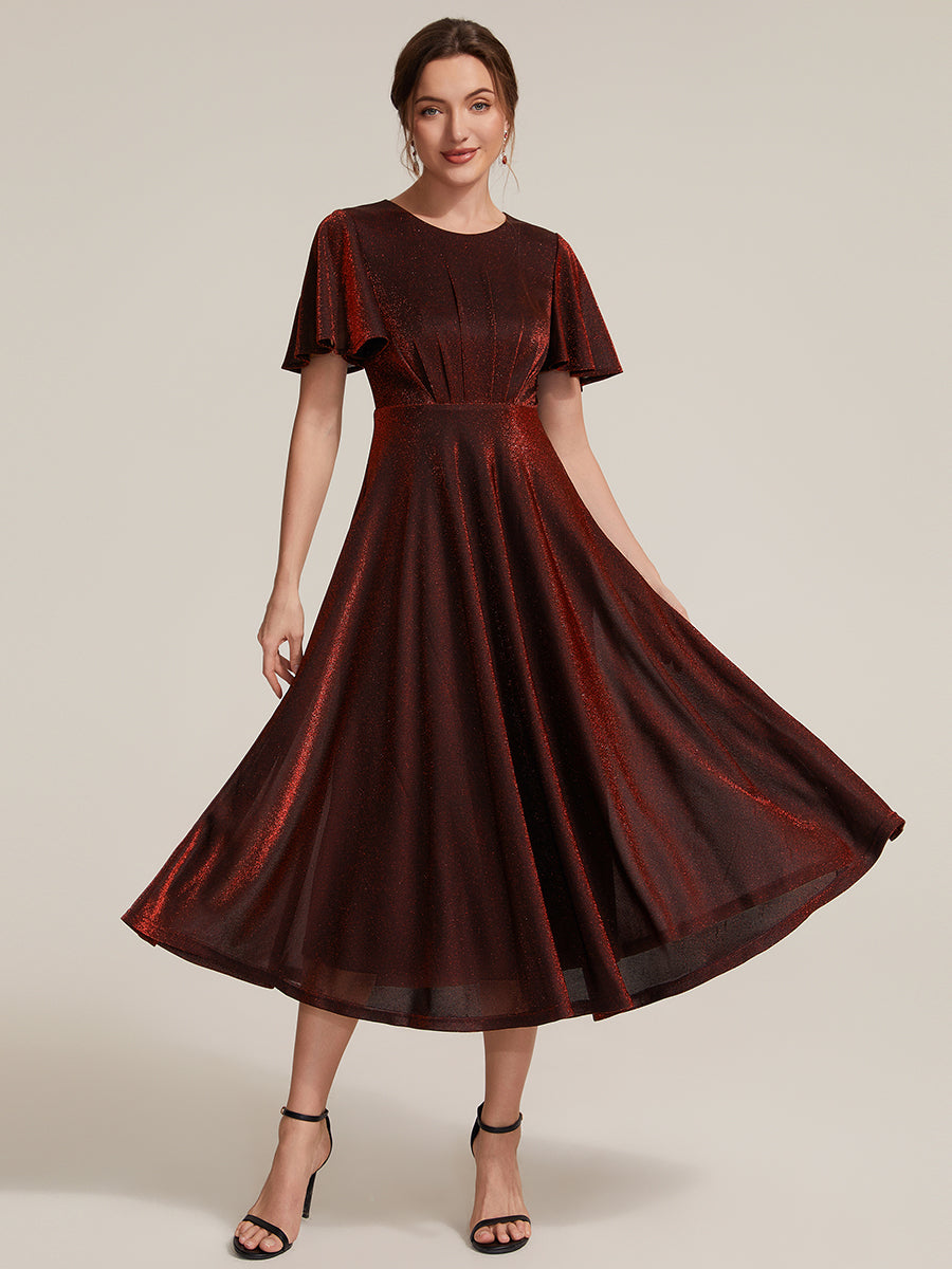 Color=Burgundy | Bulk Order Short Sleeve A-Line Midi Dress with 3D Draping | Wedding Guest Dresses-Burgundy 1