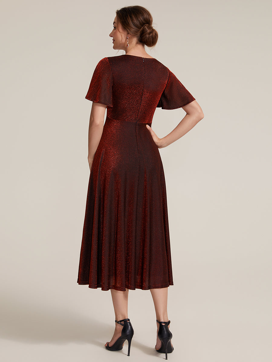 Color=Burgundy | Bulk Order Short Sleeve A-Line Midi Dress with 3D Draping | Wedding Guest Dresses-Burgundy 2