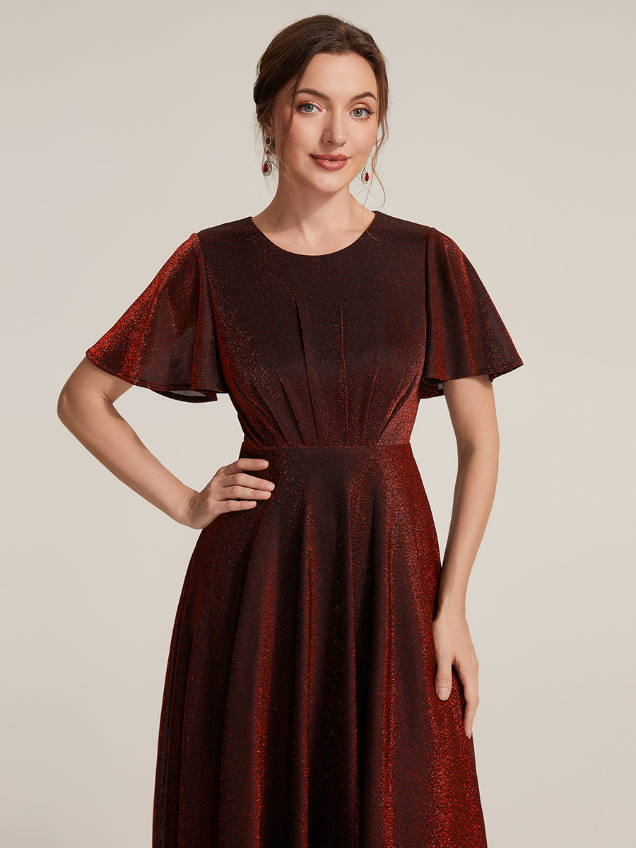 Color=Burgundy | Bulk Order Short Sleeve A-Line Midi Dress with 3D Draping | Wedding Guest Dresses-Burgundy 3