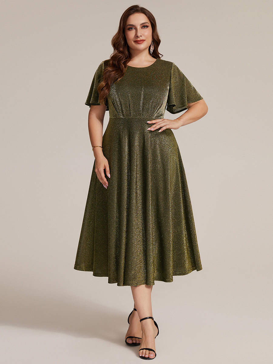 Color=Gold | Bulk Order Short Sleeve A-Line Midi Dress with 3D Draping | Wedding Guest Dresses-Gold 16