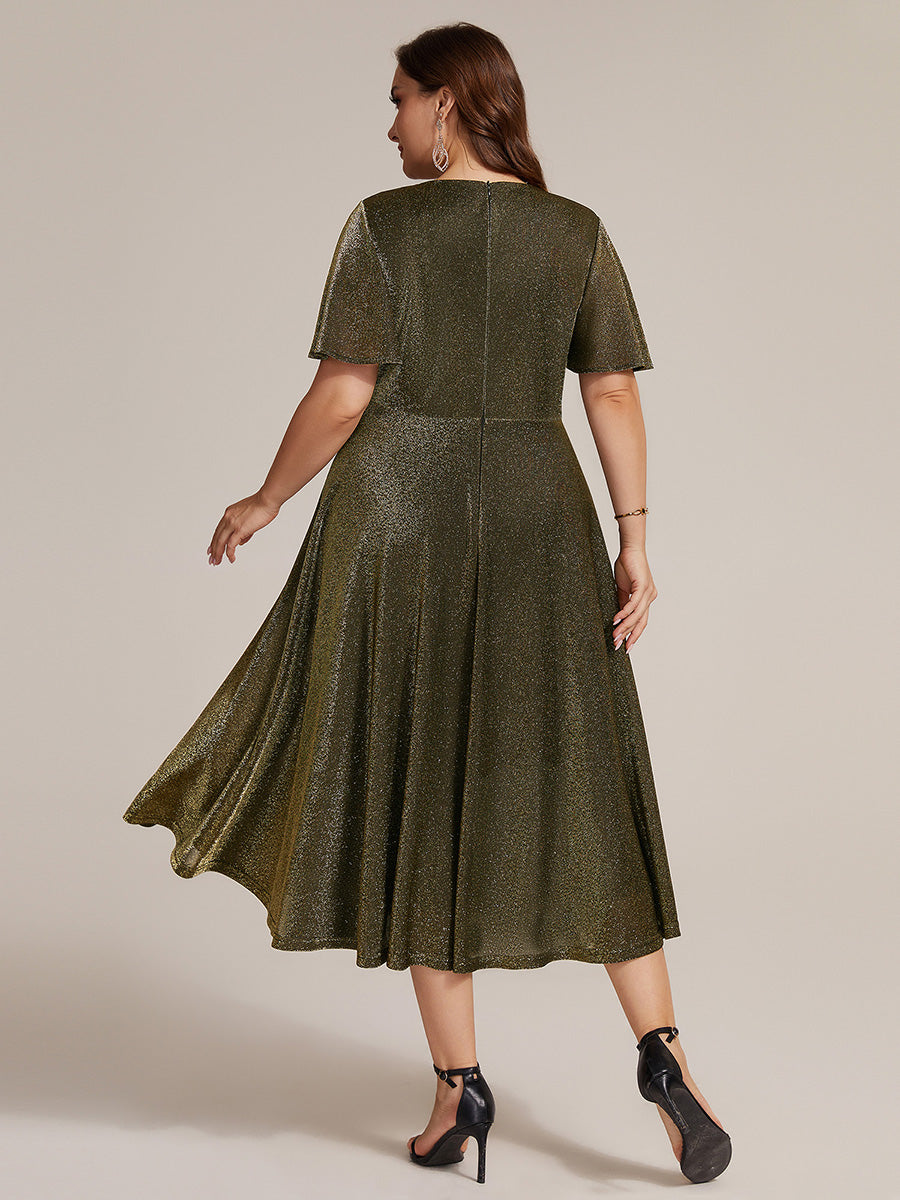 Color=Gold | Bulk Order Short Sleeve A-Line Midi Dress with 3D Draping | Wedding Guest Dresses-Gold 17