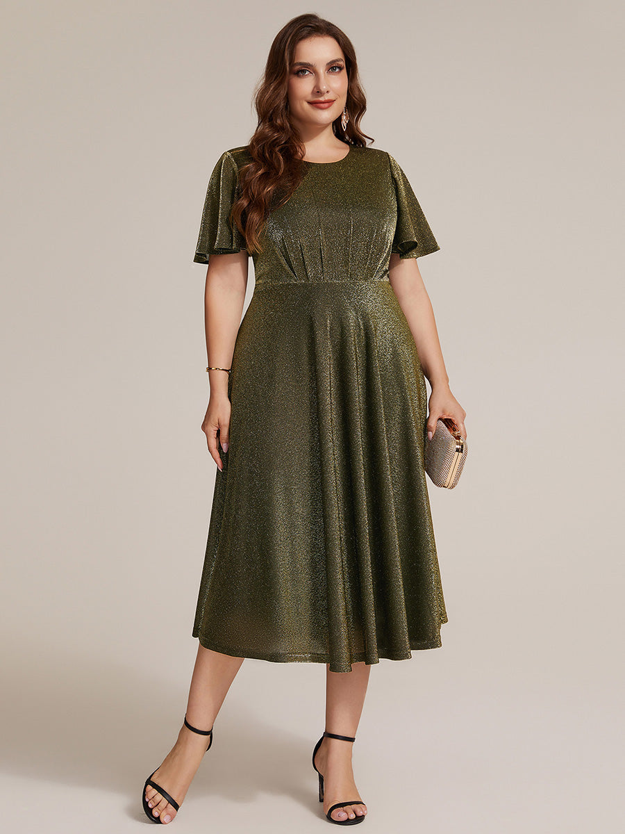 Color=Gold | Bulk Order Short Sleeve A-Line Midi Dress with 3D Draping | Wedding Guest Dresses-Gold 20