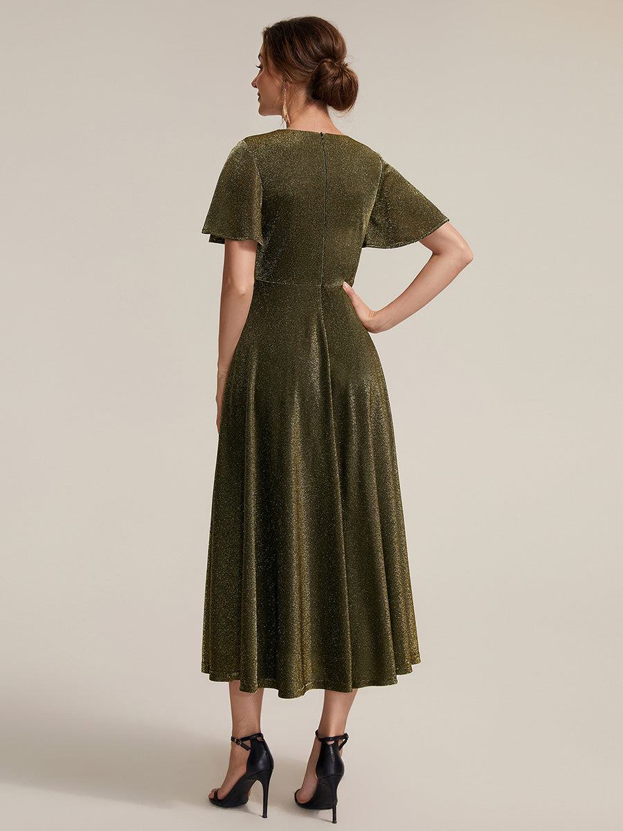 Color=Gold | Bulk Order Short Sleeve A-Line Midi Dress with 3D Draping | Wedding Guest Dresses-Gold 12