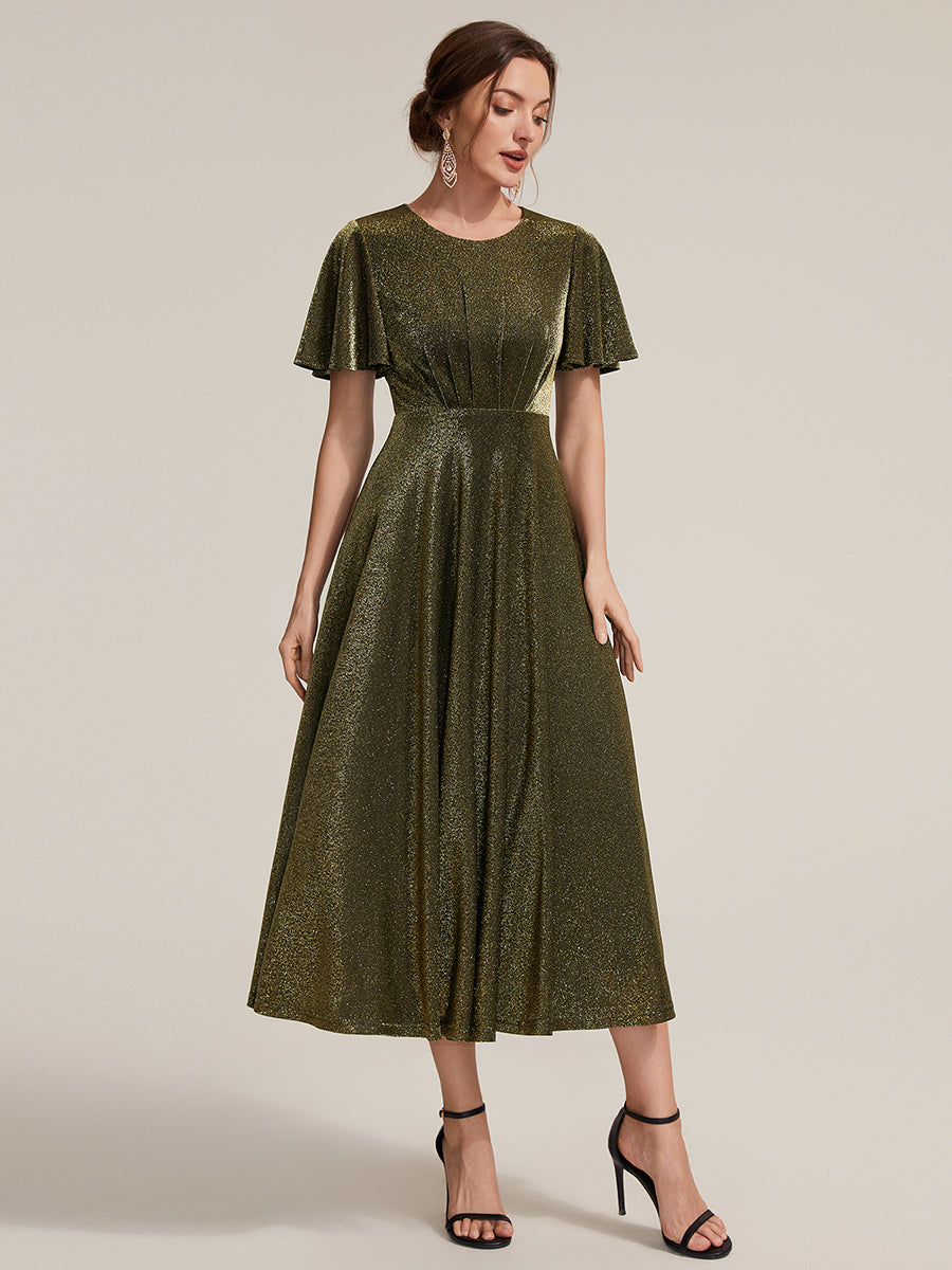 Color=Gold | Bulk Order Short Sleeve A-Line Midi Dress with 3D Draping | Wedding Guest Dresses-Gold 14