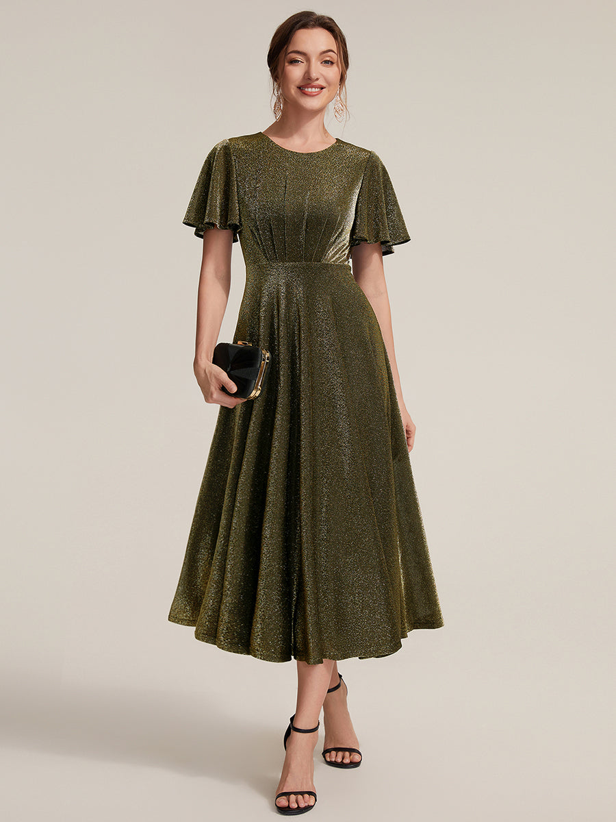 Color=Gold | Bulk Order Short Sleeve A-Line Midi Dress with 3D Draping | Wedding Guest Dresses-Gold 15
