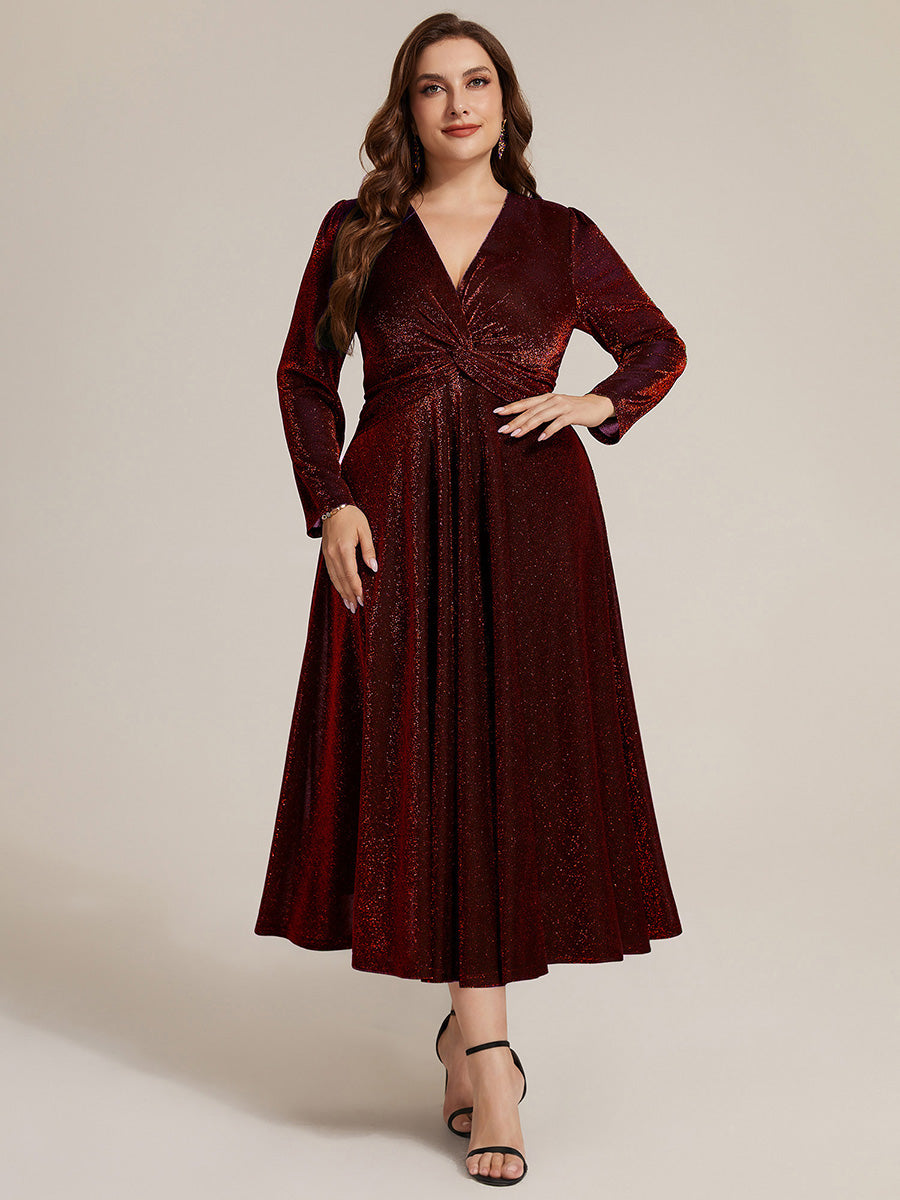 Color=Burgundy | Wholesale Pricing Long Sleeve High Stretch A-Line Tea Length Knot Detail Wedding Guest Dresses-Burgundy 6