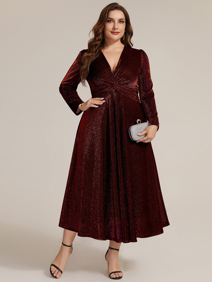 Color=Burgundy | Wholesale Pricing Long Sleeve High Stretch A-Line Tea Length Knot Detail Wedding Guest Dresses-Burgundy 10