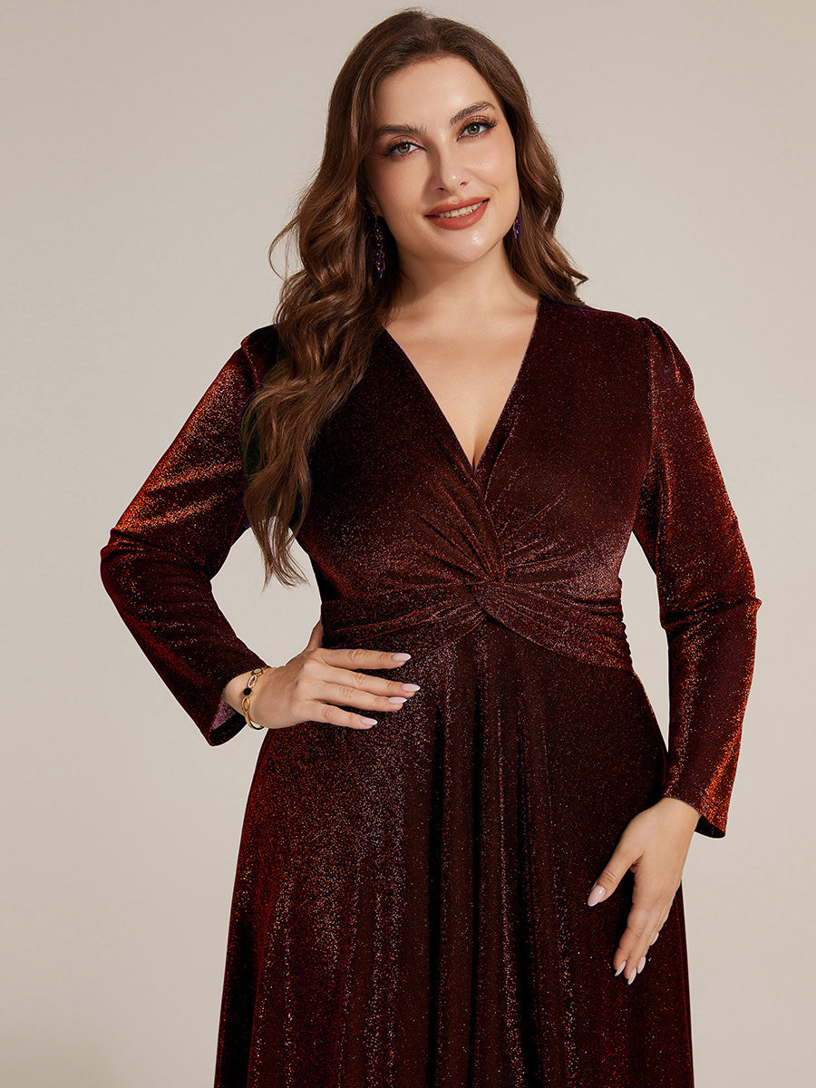 Color=Burgundy | Wholesale Pricing Long Sleeve High Stretch A-Line Tea Length Knot Detail Wedding Guest Dresses-Burgundy 8