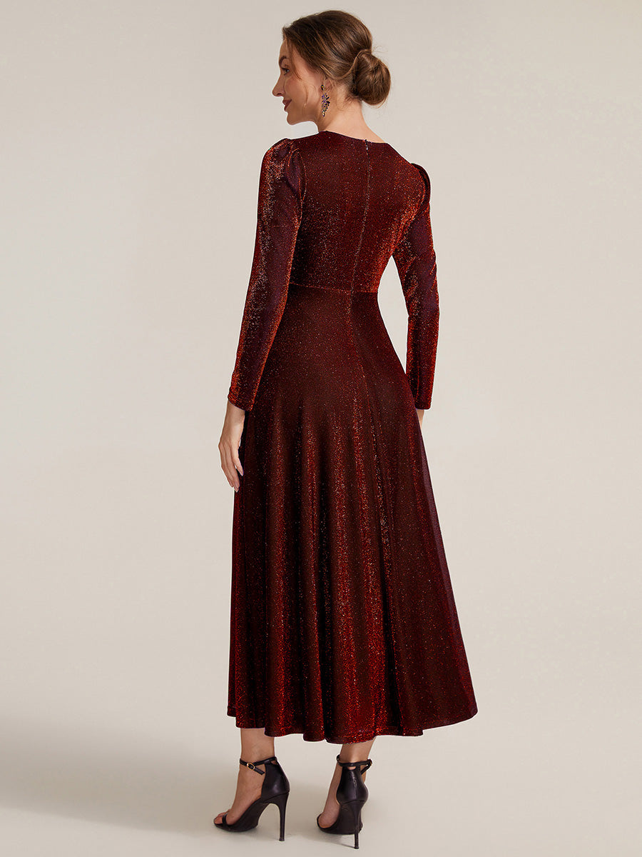 Color=Burgundy | Wholesale Pricing Long Sleeve High Stretch A-Line Tea Length Knot Detail Wedding Guest Dresses-Burgundy 2