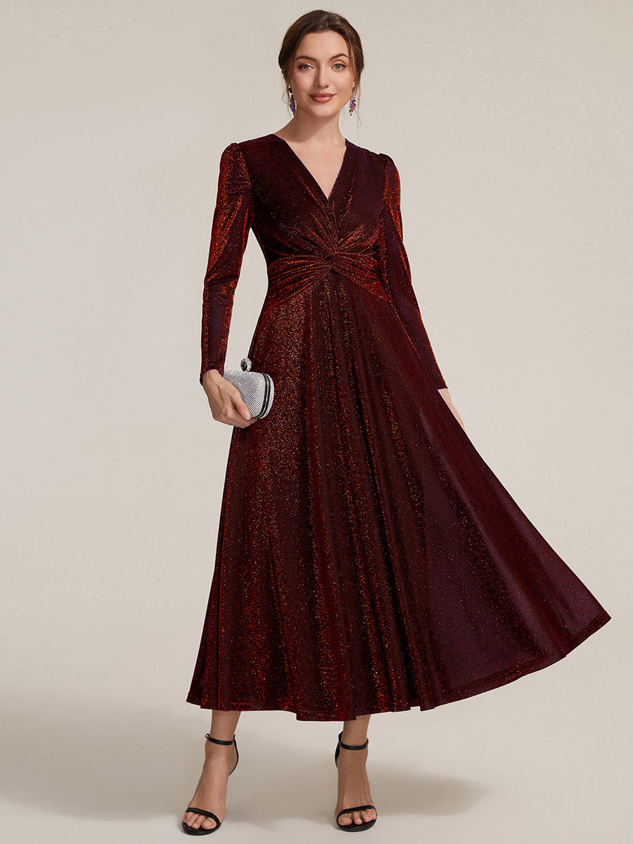 Color=Burgundy | Wholesale Pricing Long Sleeve High Stretch A-Line Tea Length Knot Detail Wedding Guest Dresses-Burgundy 5