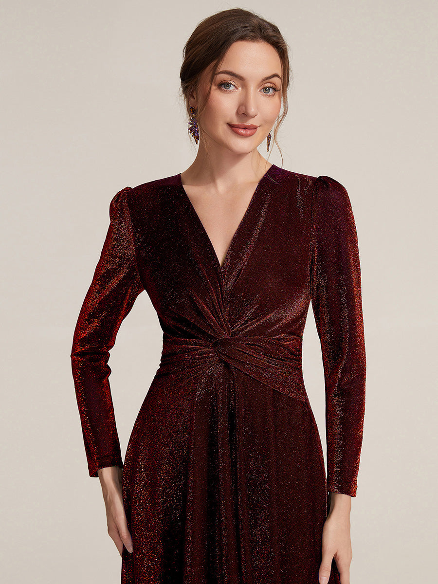 Color=Burgundy | Wholesale Pricing Long Sleeve High Stretch A-Line Tea Length Knot Detail Wedding Guest Dresses-Burgundy 3