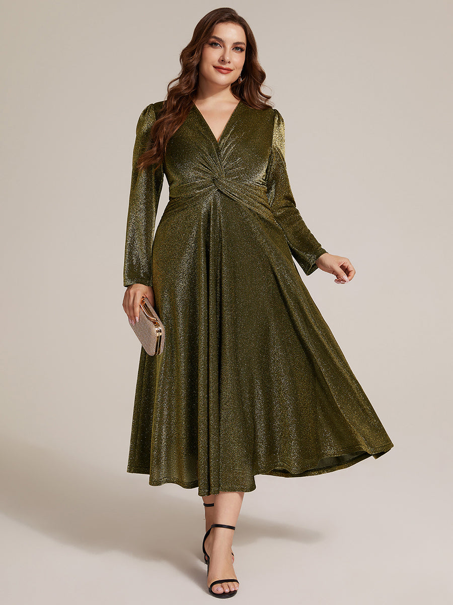 Color=Gold | Wholesale Pricing Long Sleeve High Stretch A-Line Tea Length Knot Detail Wedding Guest Dresses-Gold 16