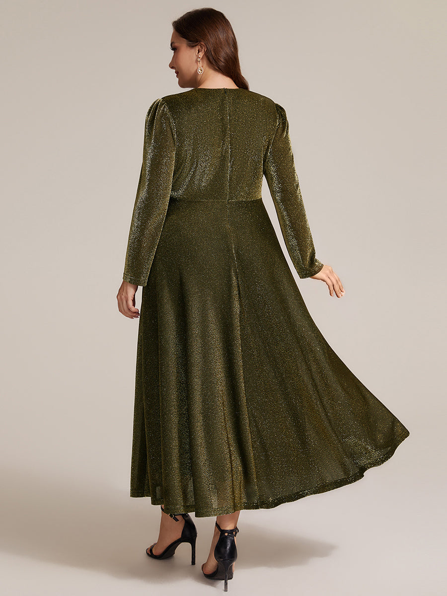 Color=Gold | Wholesale Pricing Long Sleeve High Stretch A-Line Tea Length Knot Detail Wedding Guest Dresses-Gold 17