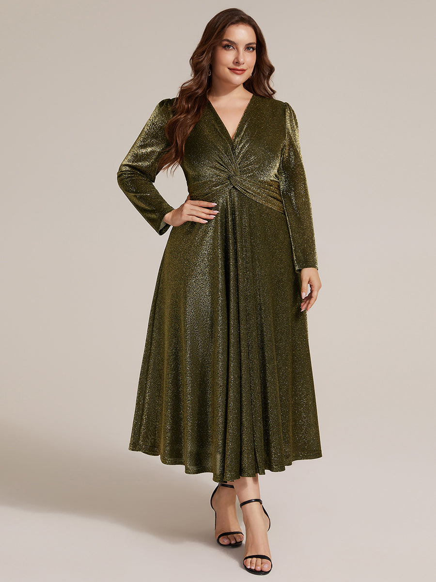Color=Gold | Wholesale Pricing Long Sleeve High Stretch A-Line Tea Length Knot Detail Wedding Guest Dresses-Gold 19