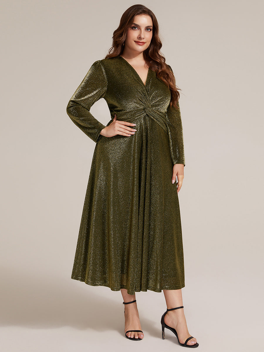 Color=Gold | Wholesale Pricing Long Sleeve High Stretch A-Line Tea Length Knot Detail Wedding Guest Dresses-Gold 20